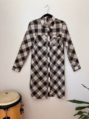 Prana Plaid Shirt Dress | Grey Black Cream | Snap Buttons | Long Sleeve | Size S